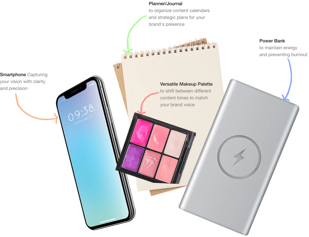 four things are in image phone power bank makeup box and journal