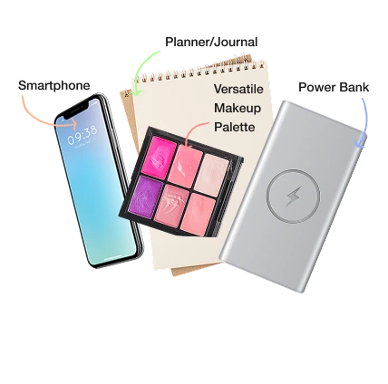 four things are in image phone power bank makeup box and journal